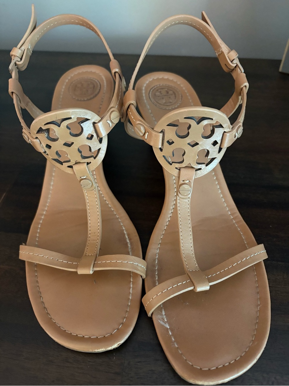 Tory Burch Tan Leather Logo T-Strap Sandals